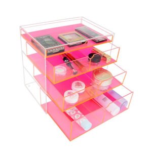 acrylic organizer with neon pink drawers