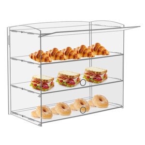 Custom acrylic 3-tier bakery display case with removable shelves and flip cover