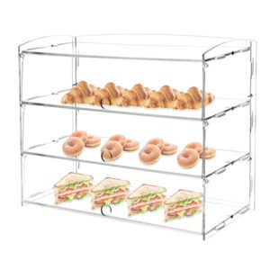 Clear acrylic bakery display case with three layers for pastries and bread