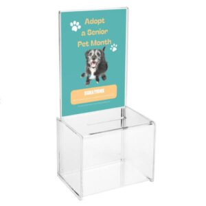 Clear acrylic donation box with sign holder and lock