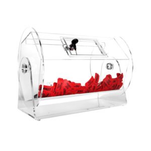 Custom clear acrylic raffle drum with lockable door and ticket slot