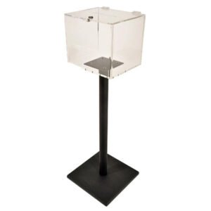 Freestanding acrylic donation box with black metal stand