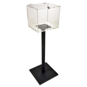 Freestanding acrylic donation box used in lobby or public space