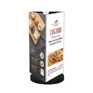 Revolving 3-sided acrylic table tent with clear panels. Display menus or signs on tables, counters, or desktops for restaurants, bars, and cafés.