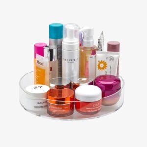 rotating acrylic turntable organizer on countertop