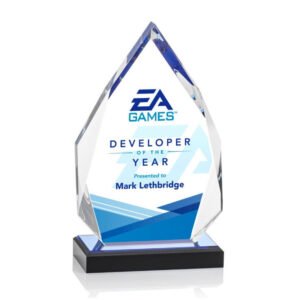 blue reflective acrylic award with peak design