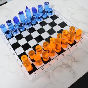 custom acrylic chess set blue orange geometric pieces