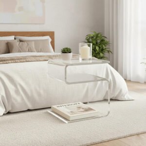 clear acrylic side table beside sofa