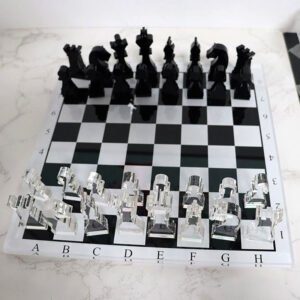 modern lucite chess set clear black acrylic board front view