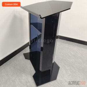 Black acrylic church lectern hexagonal base side view - custom OEM fabrication - ACRYLIC2GO