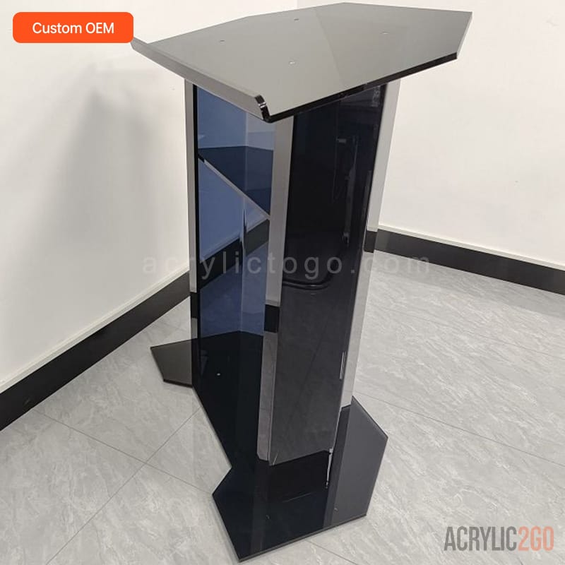 Black acrylic church lectern hexagonal base side view - custom OEM fabrication - ACRYLIC2GO