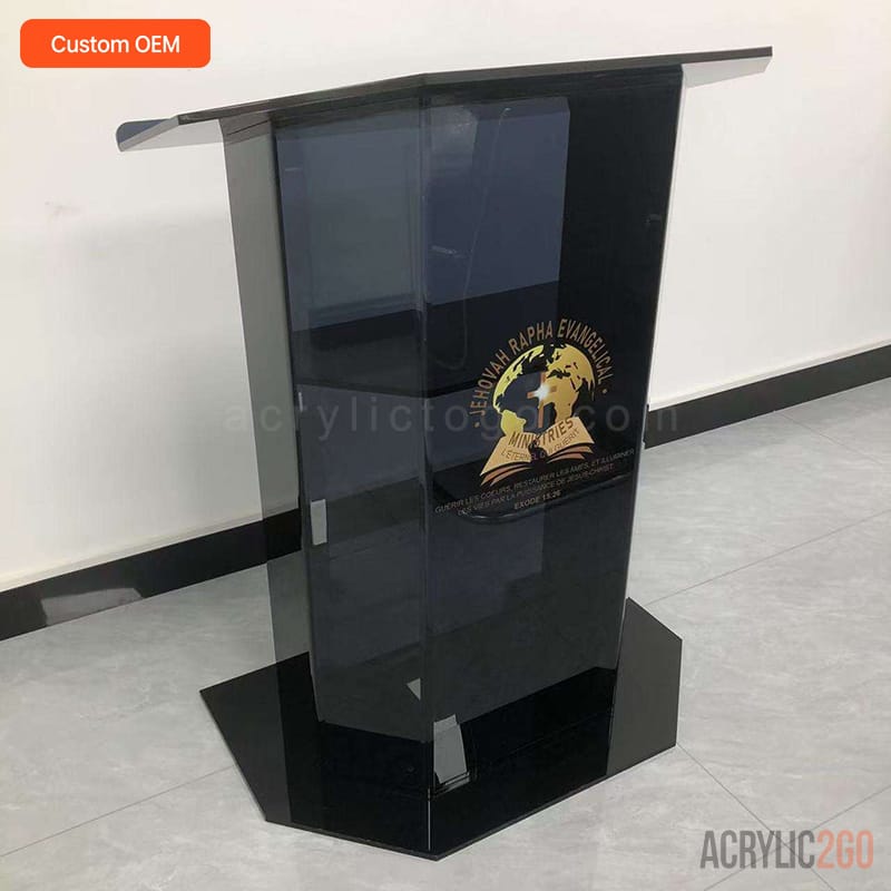 Black acrylic church lectern with gold custom logo branding - ACRYLIC2GO