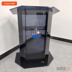 Modern black acrylic church lectern with custom logo - OEM manufacturer - ACRYLIC2GO