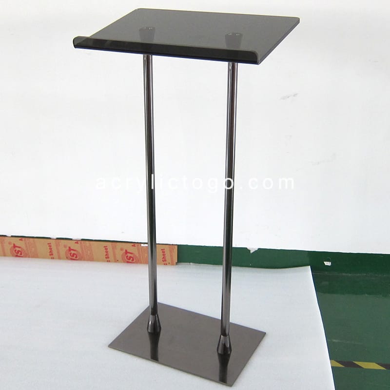 Smoke acrylic top panel lectern on twin black metal poles with square metal base