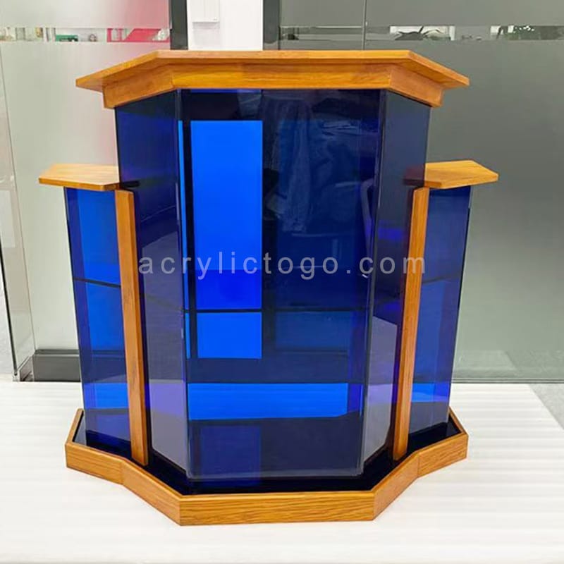Blue acrylic panels with solid wood frame octagon church lectern, custom OEM design