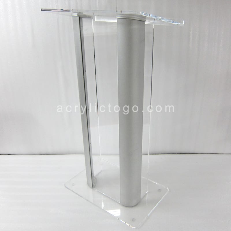 Clear acrylic slanted lectern with silver aluminum center column and square base