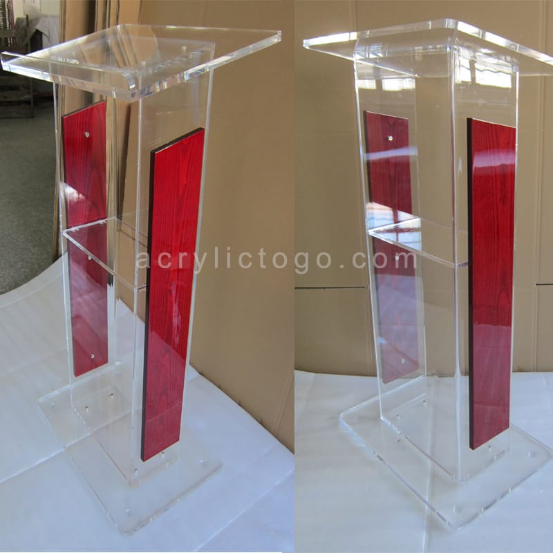 Clear acrylic lectern with red cherry lacquered wood center panel, shown from front and side angles