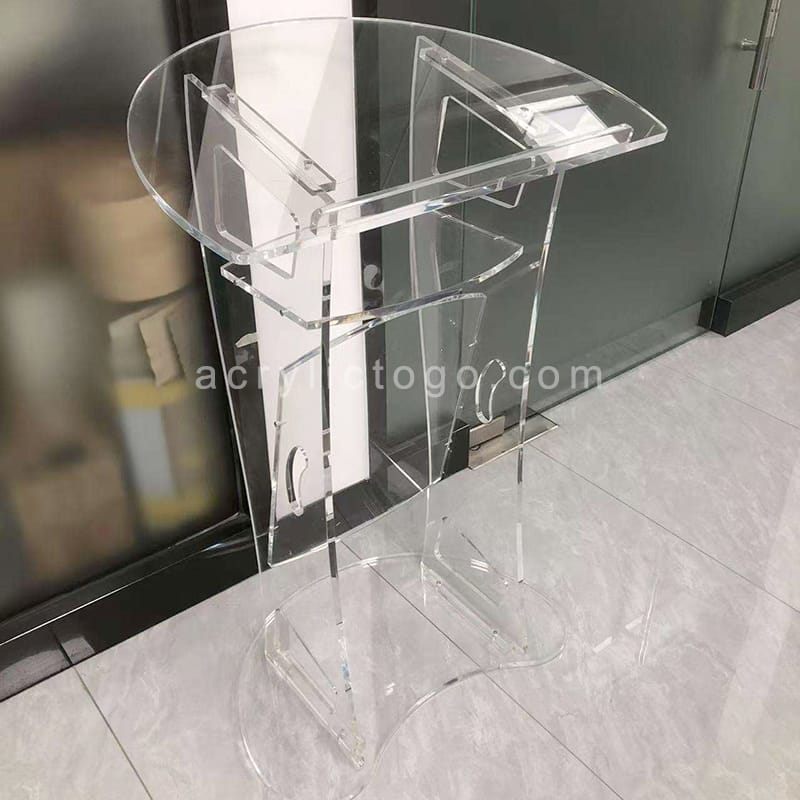 Clear acrylic lectern with curved reading panel and KD flat-pack structure for church use