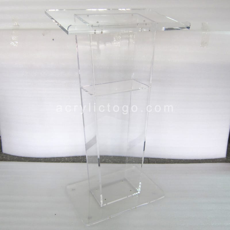 Clear acrylic lectern V shape with middle shelf and square base, classic design, factory direct