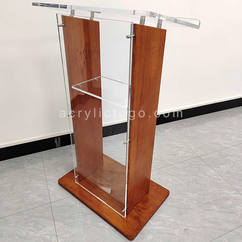 Clear acrylic lectern with solid wood side pillars and acrylic shelf, modern church style