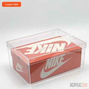 Nike shoebox inside custom acrylic sneaker display case with removable lid — top-down view, OEM wholesale manufacturer