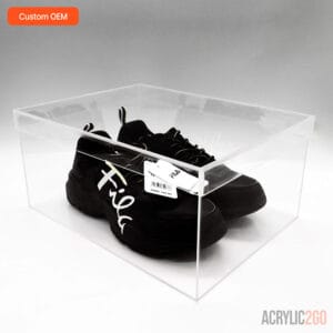 Fila chunky sneaker inside custom clear acrylic sneaker storage case — front view closed lid, OEM bulk wholesale manufacturer