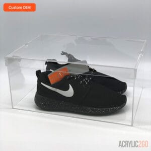 Nike Roshe sneaker displayed directly inside custom acrylic sneaker storage case without original box — OEM wholesale manufacturer