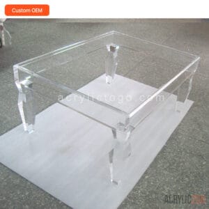 Custom clear acrylic lucite coffee table with four square legs overhead angle view — OEM wholesale factory ACRYLIC2GO Shenzhen