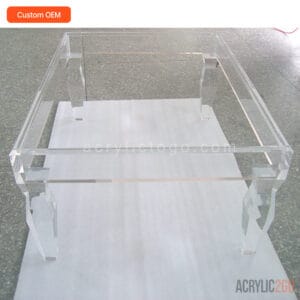 Front view of custom clear acrylic lucite coffee table showing full rectangular frame and polished acrylic structure — ACRYLIC2GO OEM wholesale manufacturer