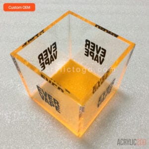 Custom OEM fluorescent orange acrylic vape display box with branded Ever Vape logo print, open top overhead view – ACRYLIC2GO