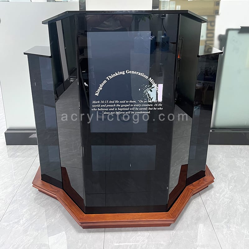 Smoke acrylic church pulpit with wood base and custom UV-printed logo and scripture text