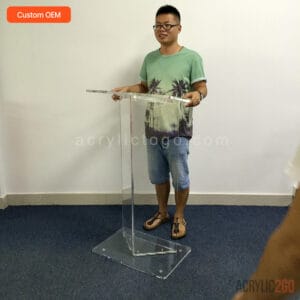 Acrylic podium size reference with person - custom OEM fabrication - ACRYLIC2GO