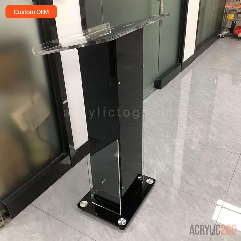 Black acrylic podium angled top side view - custom OEM fabrication - ACRYLIC2GO