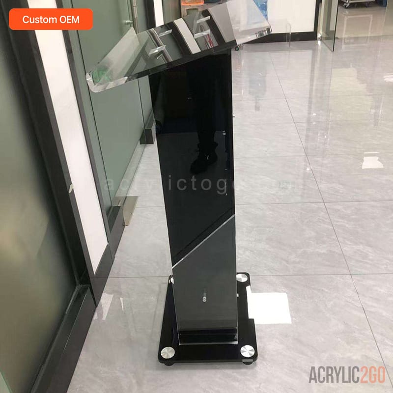 Black acrylic podium side view metal base feet - custom OEM fabrication - ACRYLIC2GO