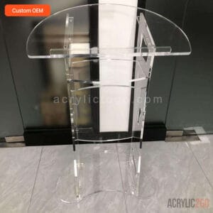 Curved acrylic podium front view with cutout handle detail - ACRYLIC2GO