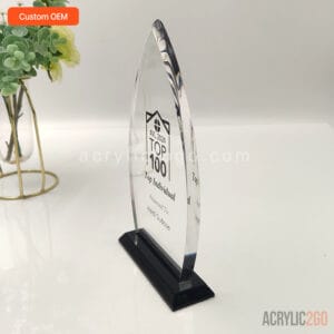 Custom flame-shaped acrylic award shown at an angle, highlighting the tapered profile and black base