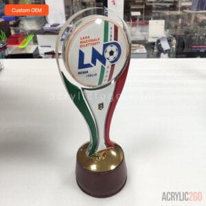 Custom acrylic sports trophy shown from the front, highlighting the domed lens disc with raised printed lettering