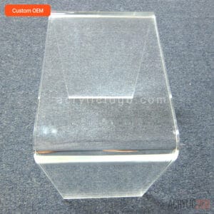 Top view of custom acrylic lucite waterfall side table showing thick curved acrylic surface and polished edges — ACRYLIC2GO OEM factory Shenzhen