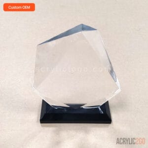 Custom angular geometric acrylic award with an irregular multi-faceted polygon shape on a black rectangular base