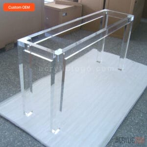 Custom clear acrylic lucite console table with six-leg double-rail frame, overhead angle view — OEM wholesale factory ACRYLIC2GO Shenzhen