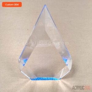Custom faceted crystal acrylic trophy with a pointed diamond silhouette and a blue ice-crackle gradient at the base