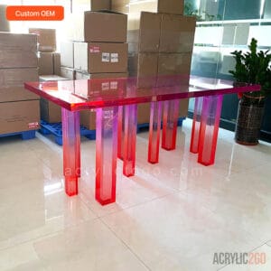 Full view of custom gradient acrylic dining table with ombre tabletop and multi-leg acrylic base