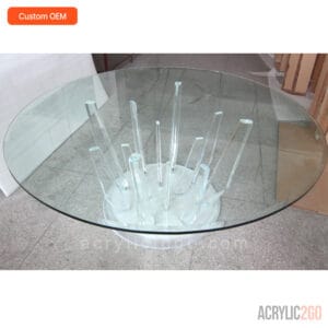 Custom lucite spikes base round glass top dining table overhead view with sculptural acrylic rod cluster pedestal — OEM wholesale factory ACRYLIC2GO Shenzhen