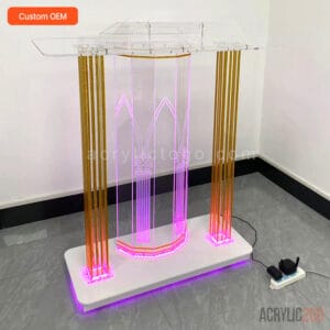 LED-lit gold glitter acrylic podium with caster wheels - OEM manufacturer - ACRYLIC2GO