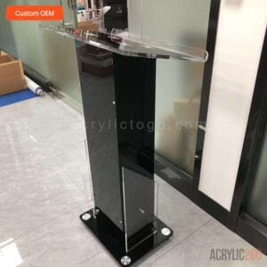 Two-tone black acrylic podium with metal accent feet - OEM manufacturer - ACRYLIC2GO