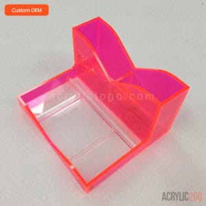 Fluorescent pink acrylic storage box with a wave-shaped upright and tray base, front angled view